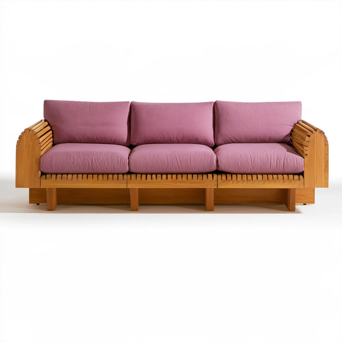 Trzyosobowa sofa ogrodowa z bambusa z różowymi poduszkami 210 x 80 x 78 cm