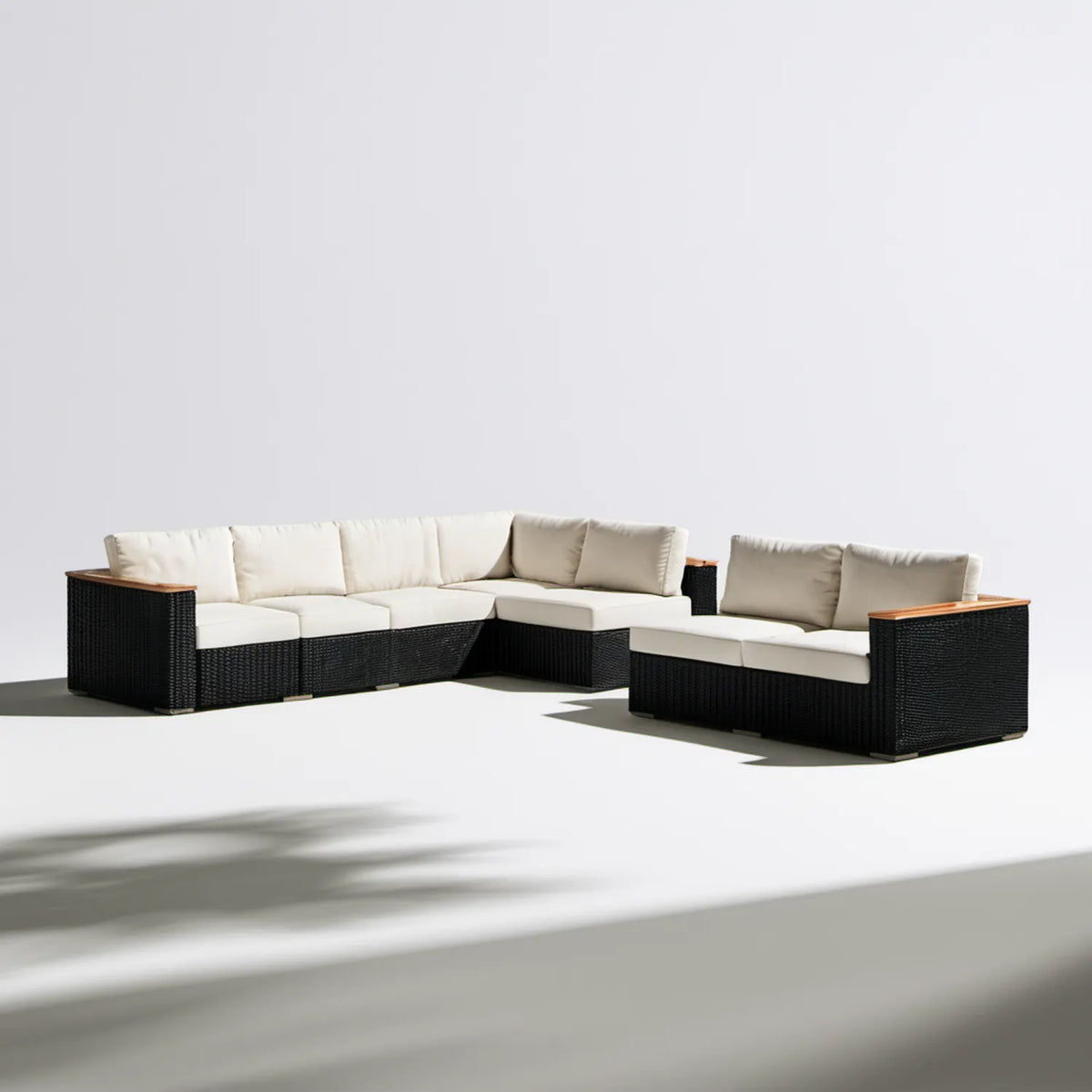 Modułowy narożnik ogrodowy z technorattanu PE 300 x 220 x 75 cm, Czarny/Kremowy/Brązowy