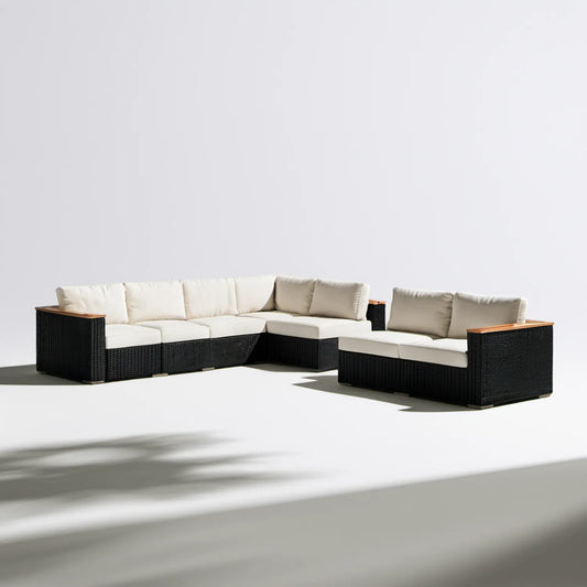 Modułowy narożnik ogrodowy z technorattanu PE 300 x 220 x 75 cm, Czarny/Kremowy/Brązowy