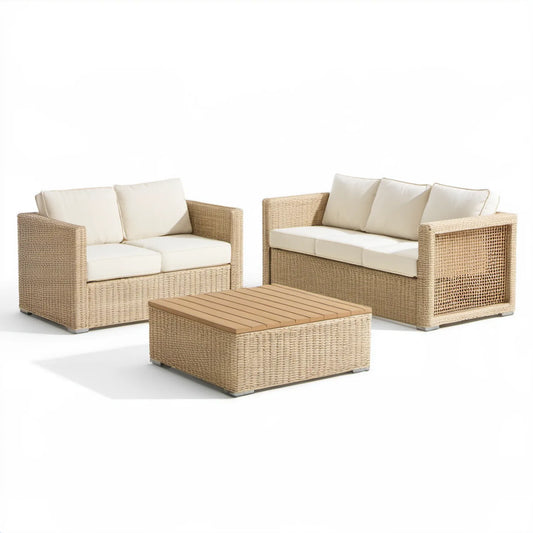 Beżowy zestaw wypoczynkowy z technorattanu – sofa 3-osobowa 190 × 80 × 75 cm, sofa 2-osobowa i stolik