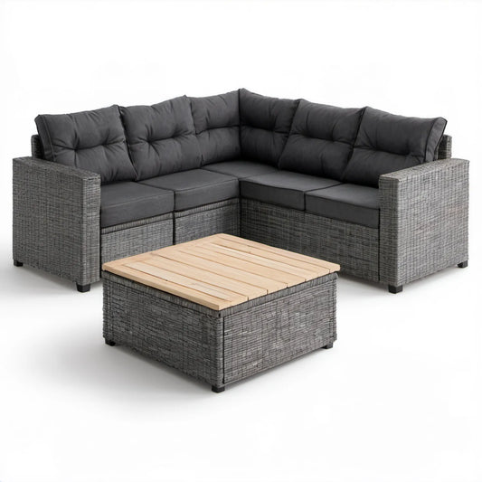 Narożny zestaw ogrodowy z technorattanu 250 x 250 x 70 cm ze stolikiem 100 x 60 x 45 cm, szary/antracytowy/naturalny