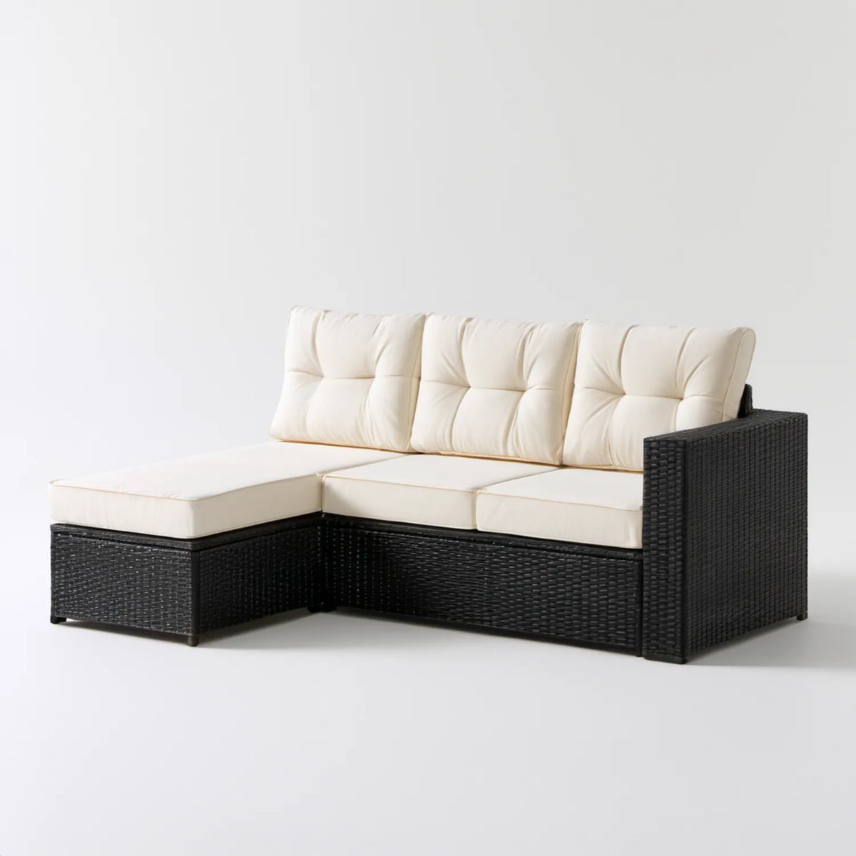 3-osobowa narożna sofa ogrodowa z technorattanu PE, czarno-kremowa, 200 × 140 × 85 cm
