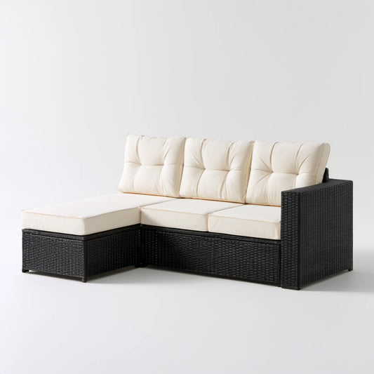 3-osobowa narożna sofa ogrodowa z technorattanu PE, czarno-kremowa, 200 × 140 × 85 cm