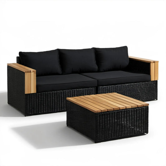 Czarny zestaw ogrodowy z technorattanu PE – sofa 2-osobowa 124 × 65 × 75 cm i stolik 80 × 50 × 35 cm