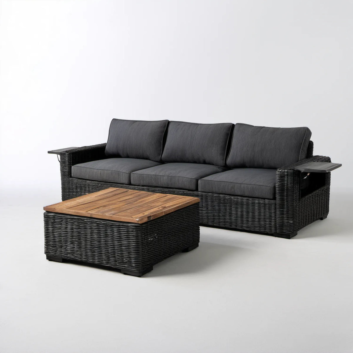 Zestaw ogrodowy z technorattanu: sofa 3-osobowa 200 × 70 × 65 cm i stolik 100 × 60 × 35 cm, czarny/ciemnoszary/brązowy