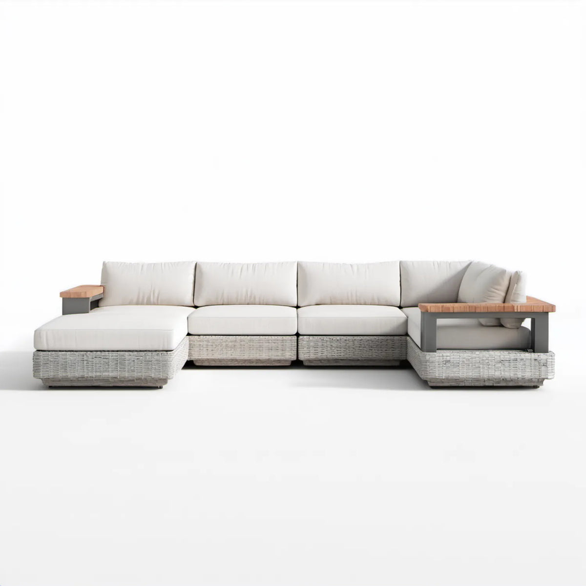 Modułowy narożnik ogrodowy z leżanką, technorattan PE, aluminium i drewno akacjowe, jasnoszary/kremowy, 335 x 175 x 78 cm