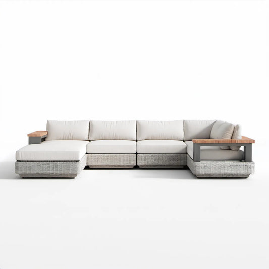 Modułowy narożnik ogrodowy z leżanką, technorattan PE, aluminium i drewno akacjowe, jasnoszary/kremowy, 335 x 175 x 78 cm