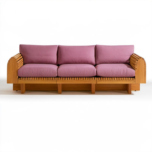 Trzyosobowa sofa ogrodowa z bambusa z różowymi poduszkami 210 x 80 x 78 cm