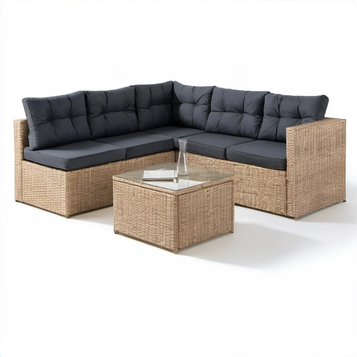 Narożny zestaw ogrodowy z technorattanu PE 200 x 200 x 85 cm, beżowy z czarnymi poduszkami